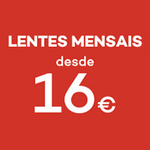 Lentes de contacto mensais destacadas sobre fundo vermelho com texto promocional a partir de 16&euro;